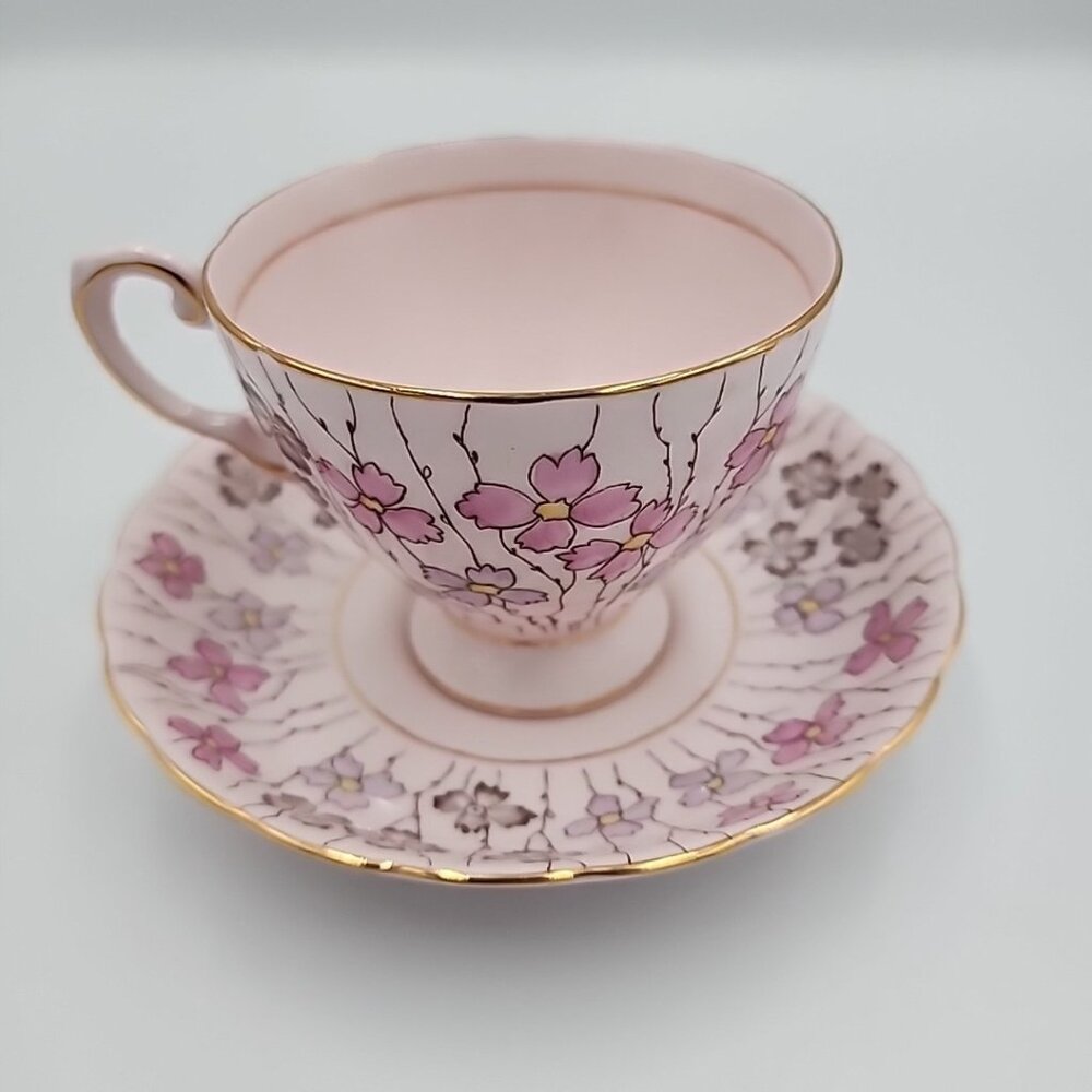 Tuscan Blush Pink, Gold, Enamel Tea Cup & Saucer Vintage Porcelain England